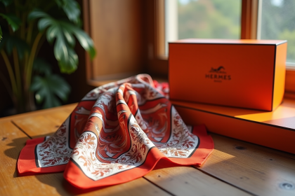Foulard Hermès en soie sur une table en bois avec boîte orange
