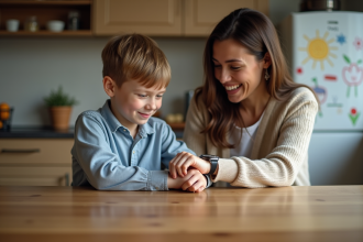 Jeune garçon essayant sa première montre avec sa mère