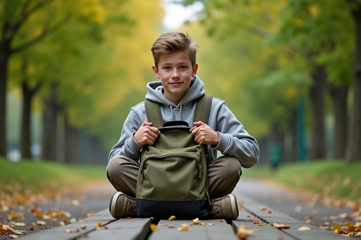 Garçon de dos zippant son sac dans un parc