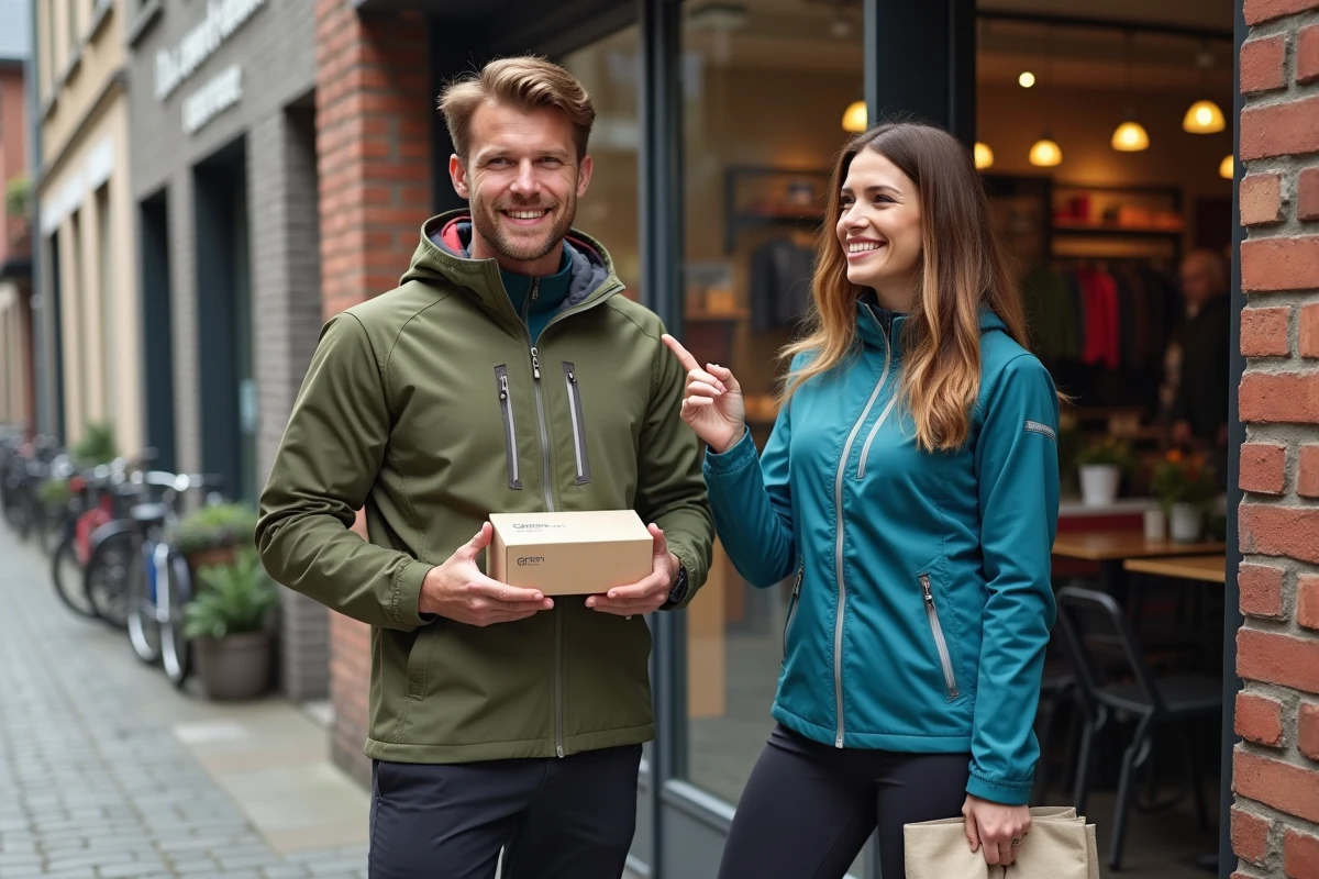 Deux amis tenant la boîte d'un GRAIN d3 Malice devant une boutique de sport en ville