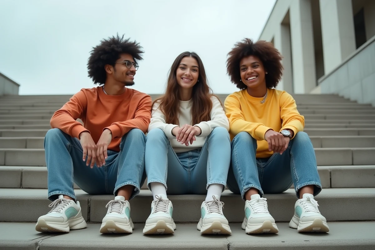 Groupe d'amis portant des chaussures chunky Balenciaga devant un musée d'art moderne, représentant l'adoption culturelle et sociale de la tendance des sneakers moches
