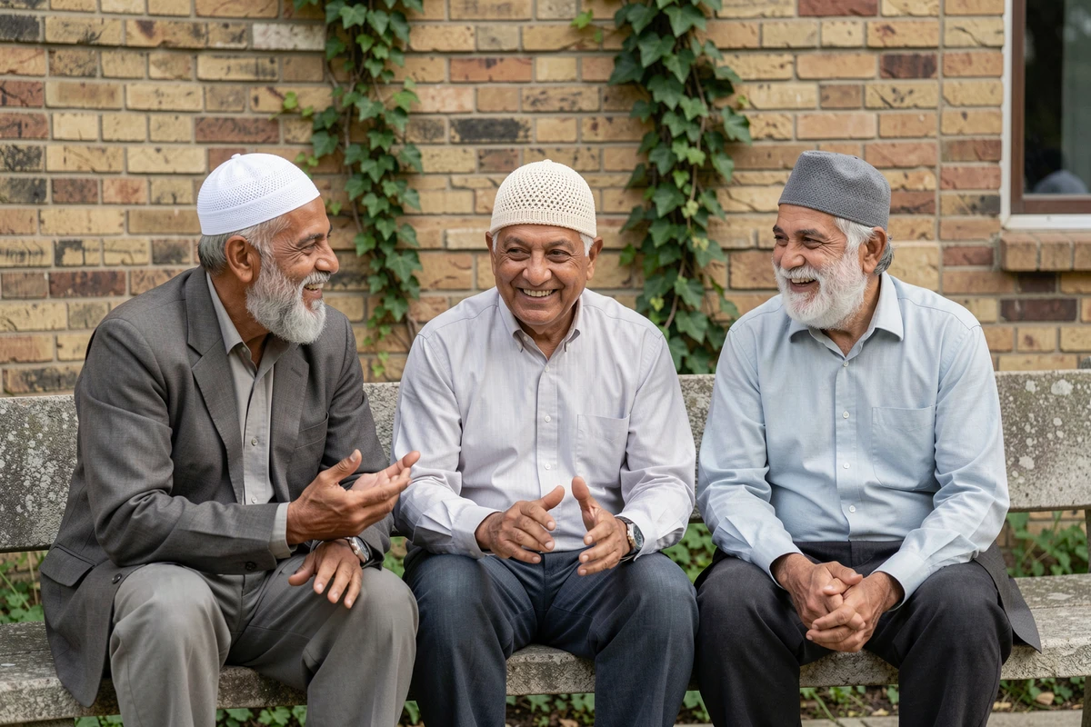 Trois hommes âgés portant différents types de chapeaux musulmans traditionnels assis ensemble devant un mur de briques
