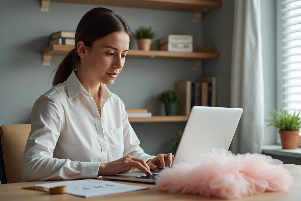 Maman consultant un guide des tailles en ligne pour une robe de cérémonie enfant sur ordinateur portable