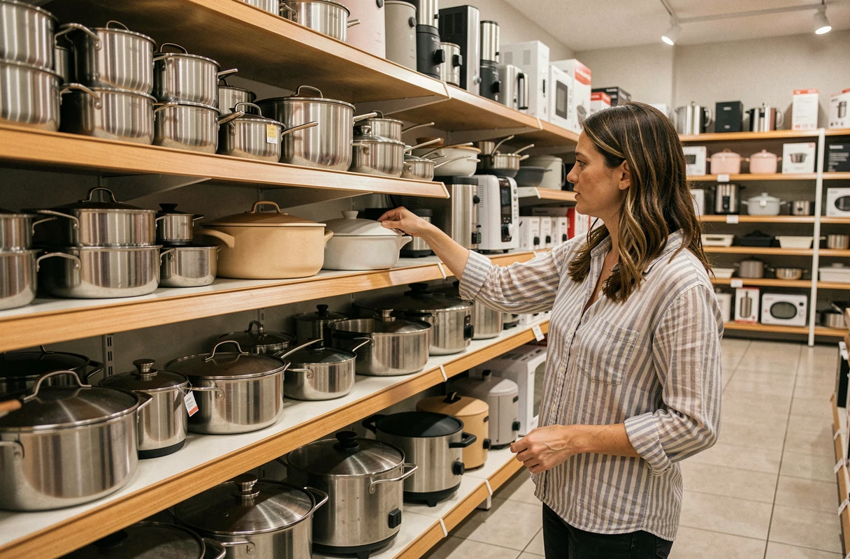 Intérieur d'un magasin Home and Cook avec des ustensiles de cuisine et des appareils électroménagers en déstockage