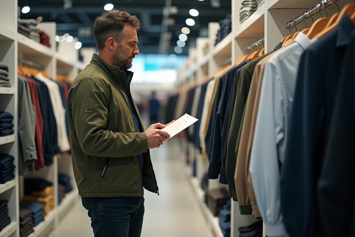 Homme en train de faire ses achats vestimentaires professionnels dans un magasin de prêt-à-porter avec un reçu en main