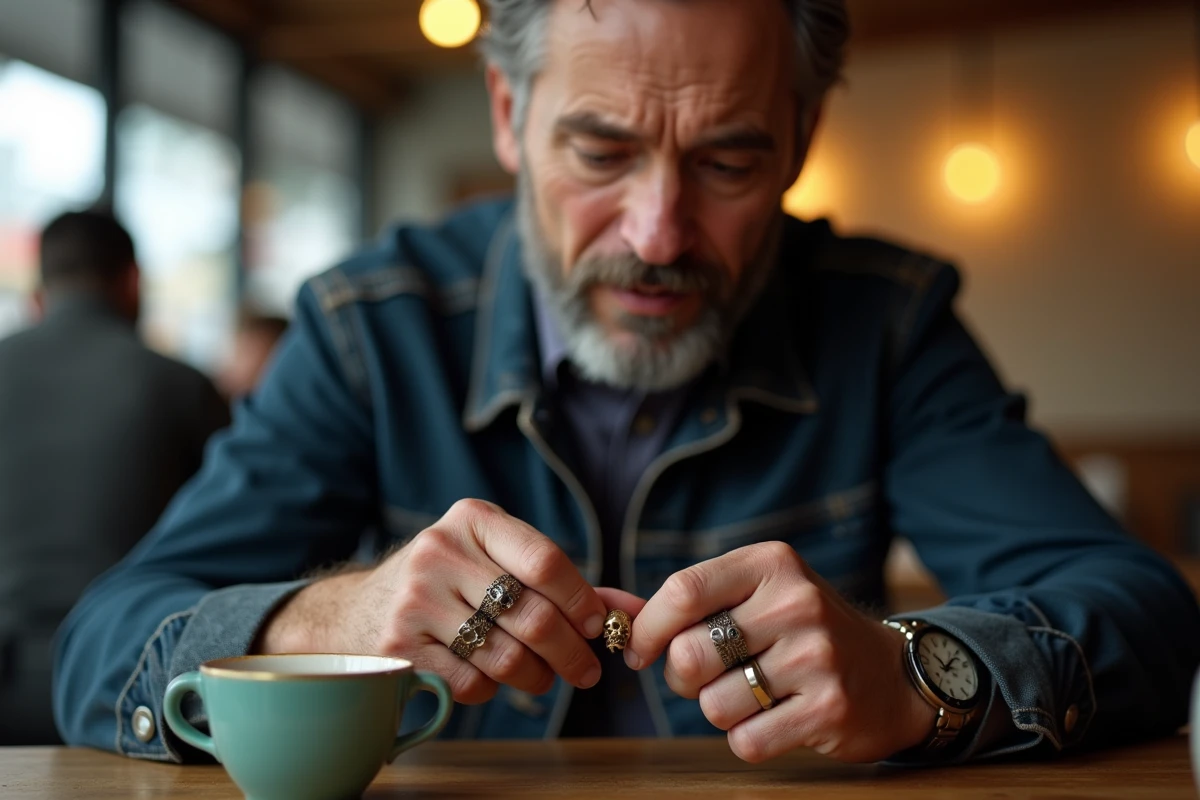 Homme essayant d'ajuster une bague tête de mort en laiton inconfortable dans un café urbain