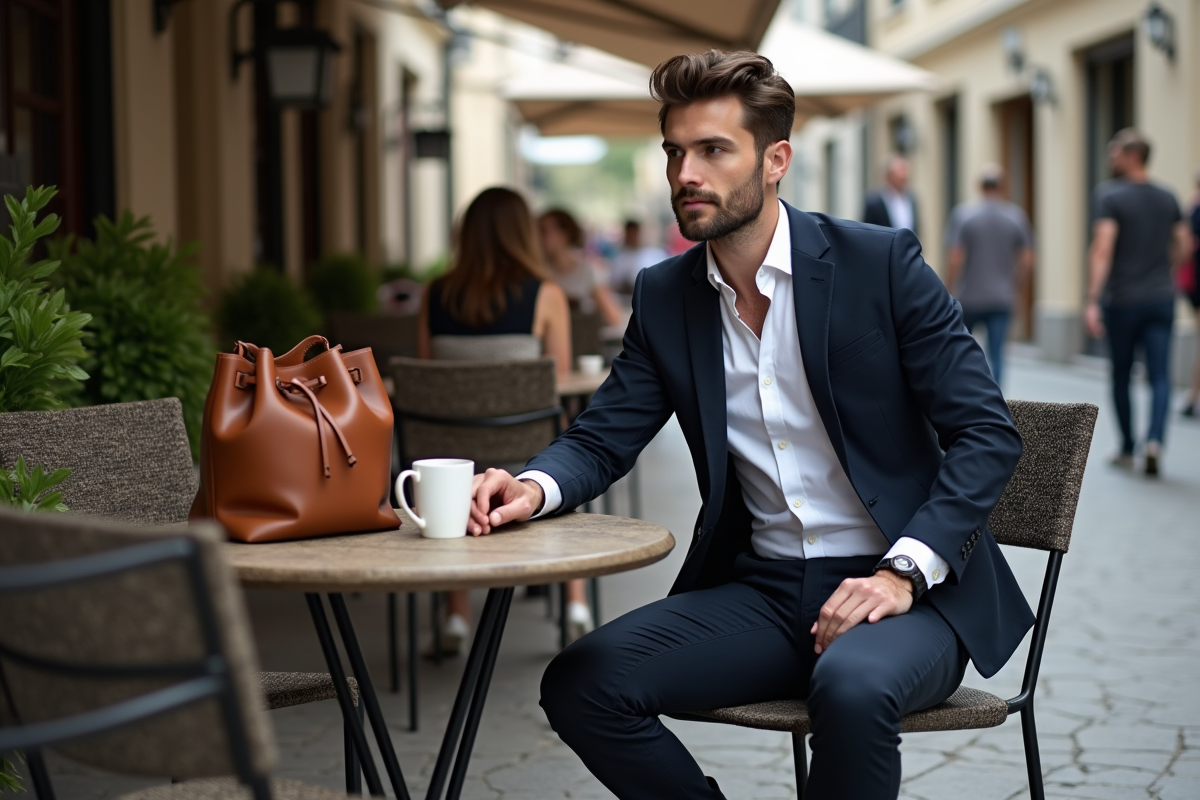 Homme en blazer assis au café avec sac en cuir