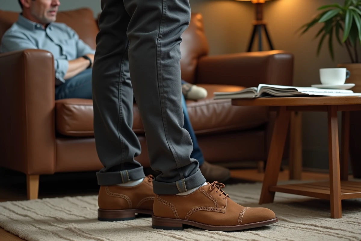 Homme en chinos gris regardant ses chaussures derby en daim marron trop grandes dans un salon confortable