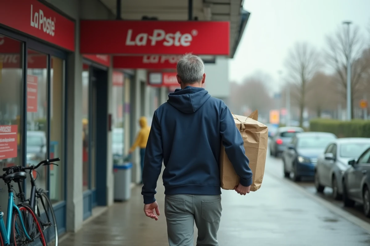Homme portant un colis Vinted vers un point relai supermarché en zone périurbaine