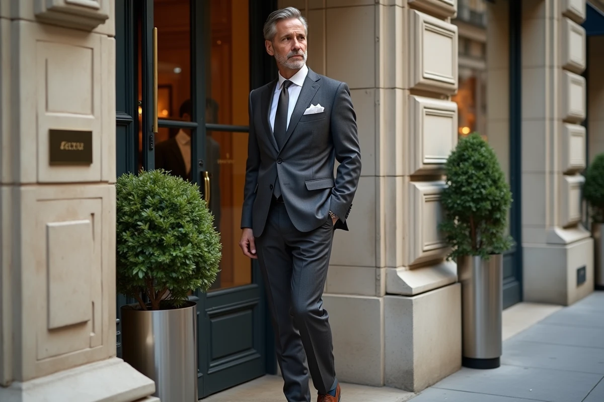 Homme élégant devant une boutique de luxe sur l'Avenue Montaigne à Paris