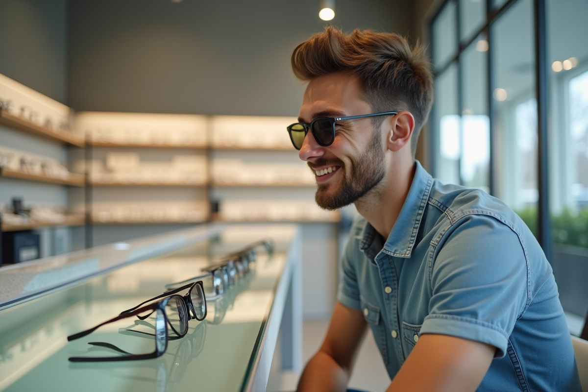 Jeune homme essayant des lunettes dans un magasin moderne