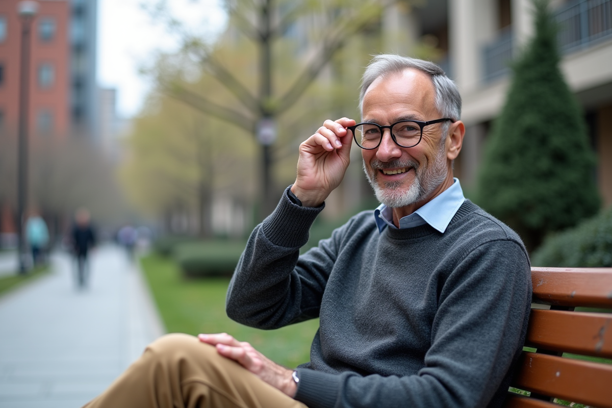 Homme en plein air essayant des lunettes rondes dans un parc urbain