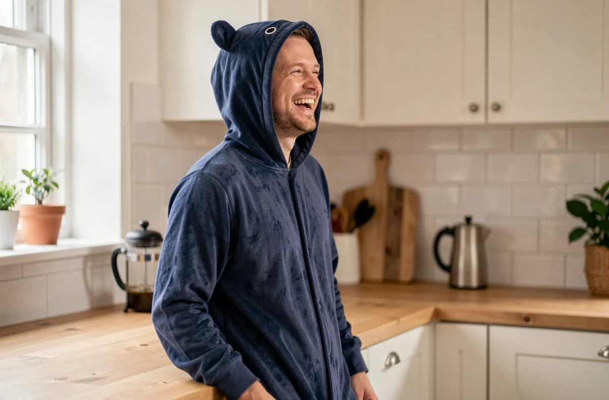 Homme en grenouillère bleu marine avec capuche oreilles dans une cuisine cosy, cadeau pyjama original pour homme