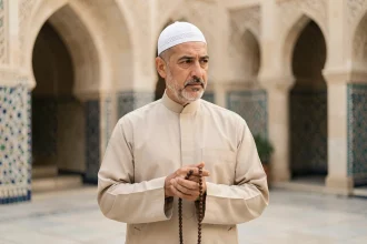 Homme portant un kufi blanc traditionnel dans la cour d'une mosquée avec architecture islamique en arrière-plan