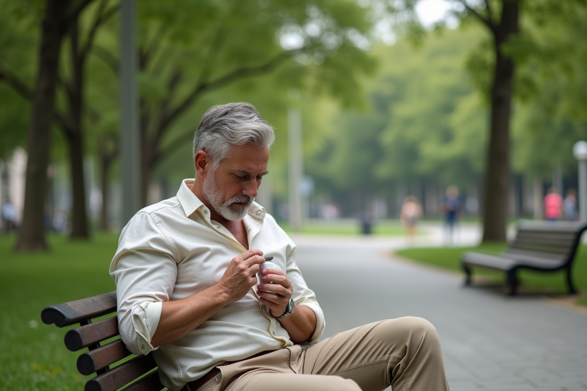 Homme d age moyen appliquant antiperspirant dans un parc