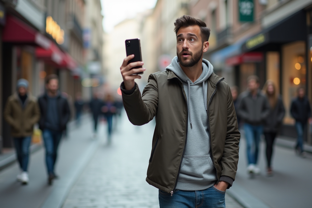 Jeune homme parlant en extérieur dans une rue urbaine