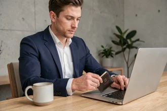 Homme en veste marine tenant un porte-carte en cuir de marque sur un bureau en bois dans un bureau moderne