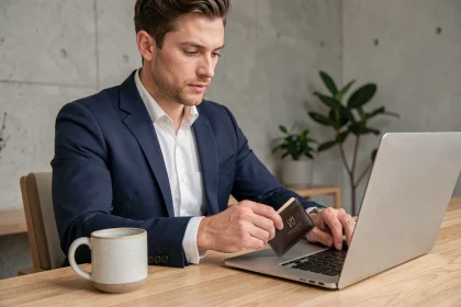 Homme en veste marine tenant un porte-carte en cuir de marque sur un bureau en bois dans un bureau moderne