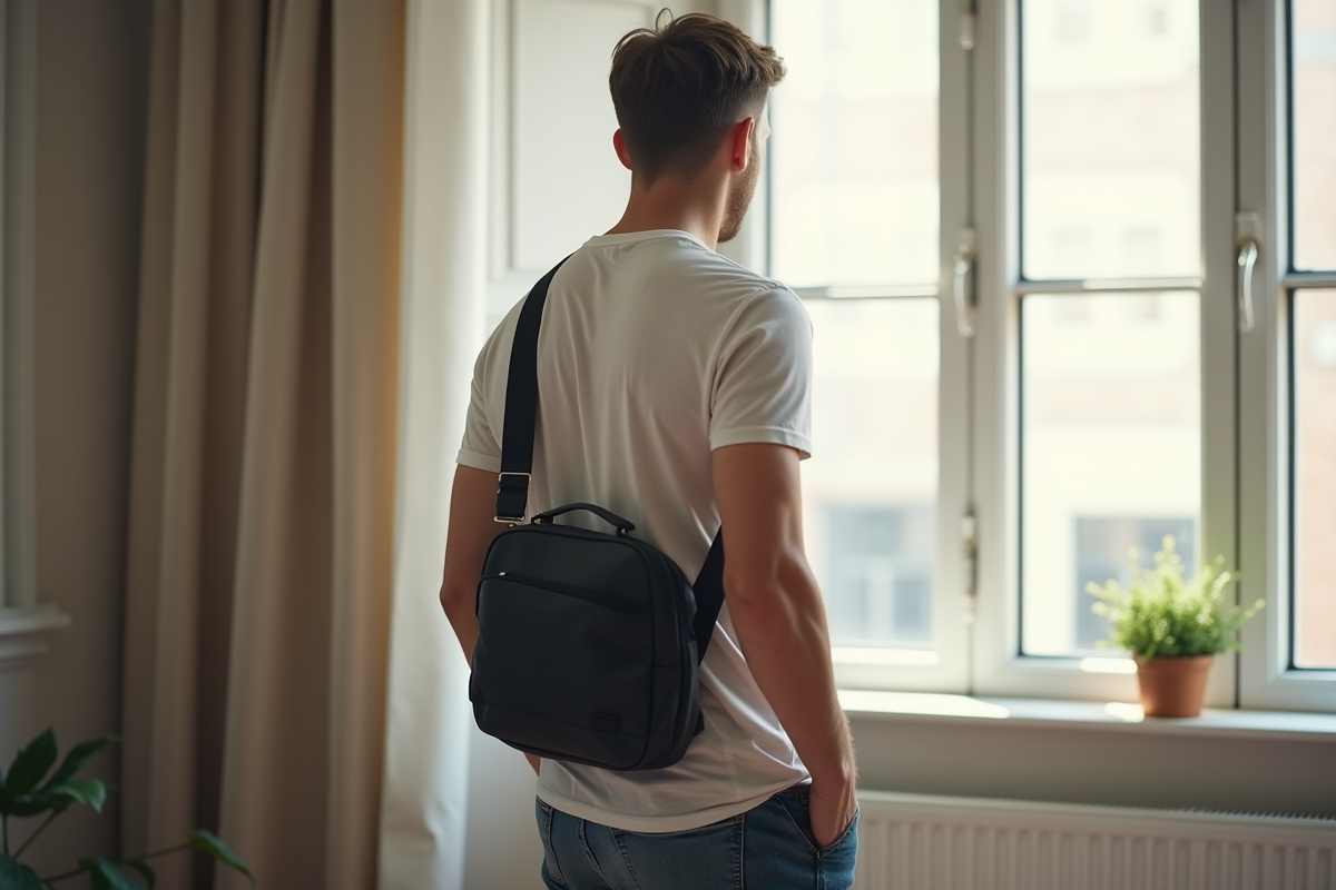 Homme ajustant son sac messager à la maison près de la fenêtre