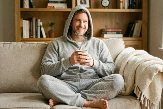 Homme en pyjama grenouillère gris polaire assis sur un canapé beige avec une tasse de café, idée cadeau confort pour homme