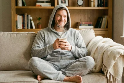 Homme en pyjama grenouillère gris polaire assis sur un canapé beige avec une tasse de café, idée cadeau confort pour homme