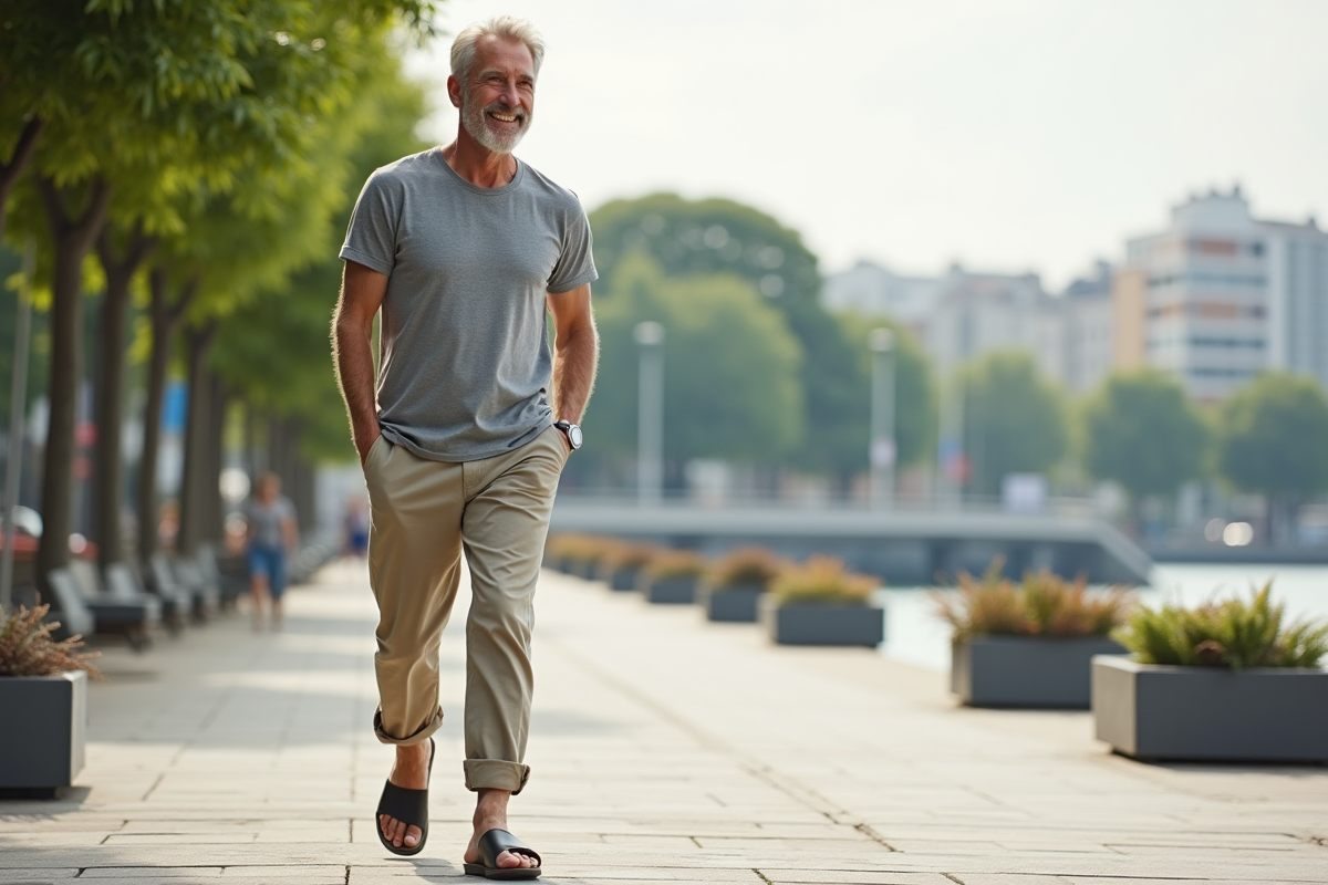 Homme marchant avec des sandales confortables en ville