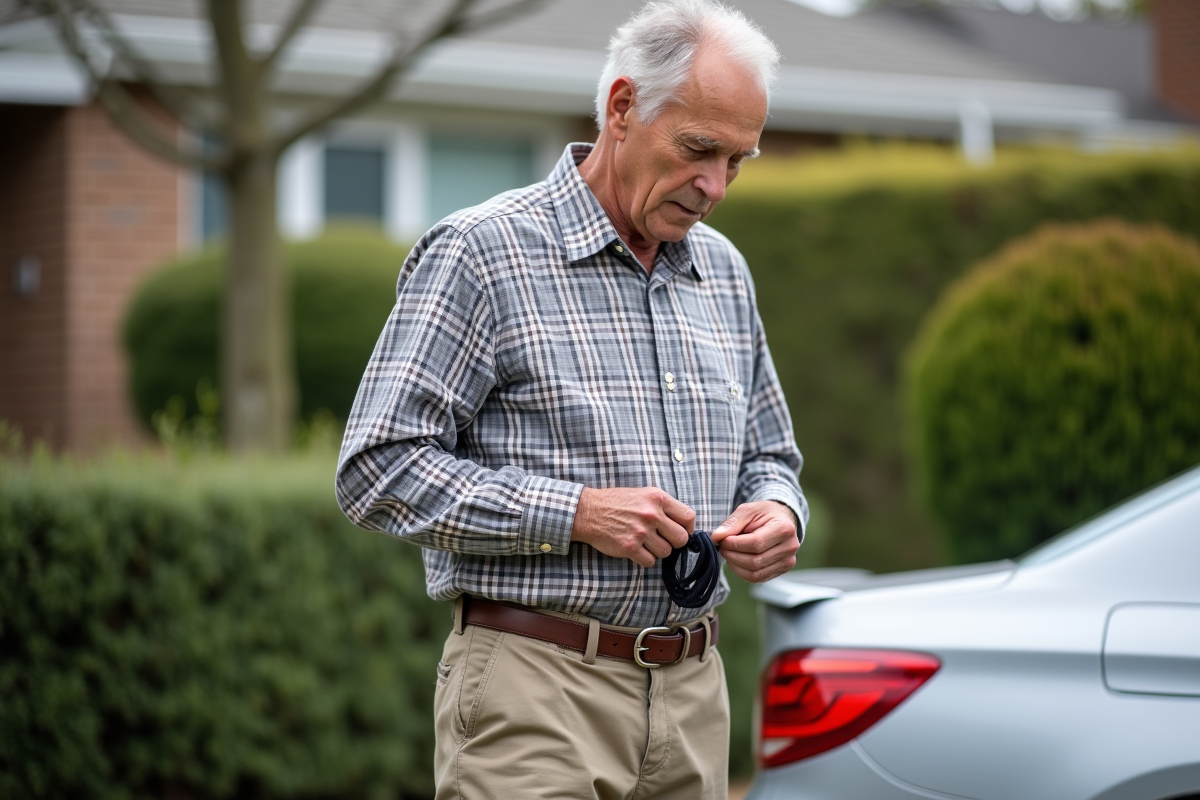 Homme de 50 ans ajustant sa ceinture avec elastique à côté de sa voiture