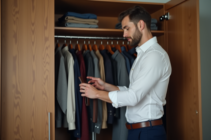 Homme en tenue élégante choisissant une ceinture dans une chambre moderne