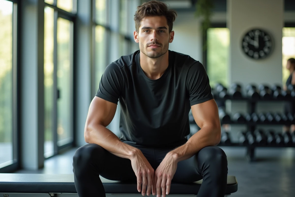 Homme assis en leggings et t-shirt dans un studio lumineux