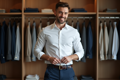 Homme ajustant une ceinture en cuir dans un dressing moderne