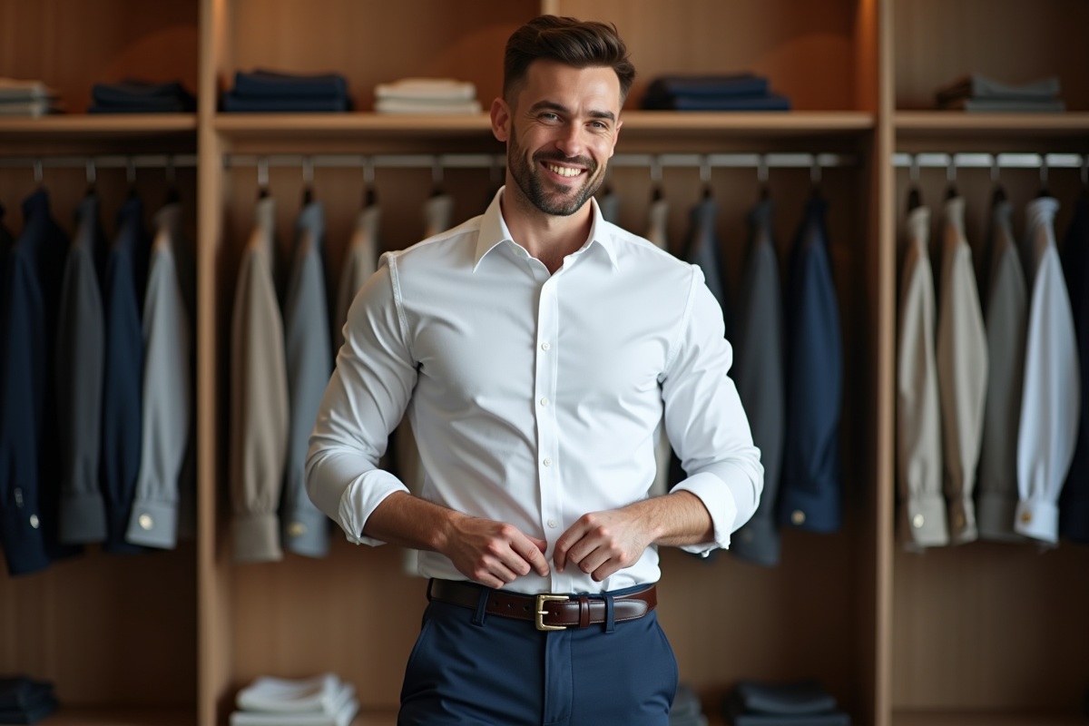 Homme ajustant une ceinture en cuir dans un dressing moderne