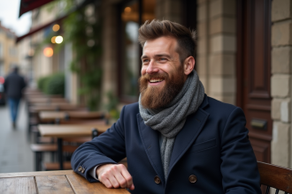Homme élégant avec barbe et manteau bleu en ville