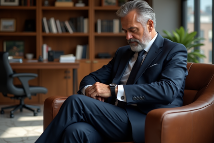 Homme d'âge moyen en costume navy regardant sa montre élégante