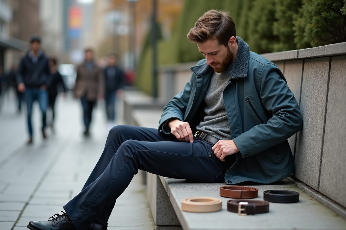 Homme en extérieur ajustant une ceinture avec plusieurs modèles à côté