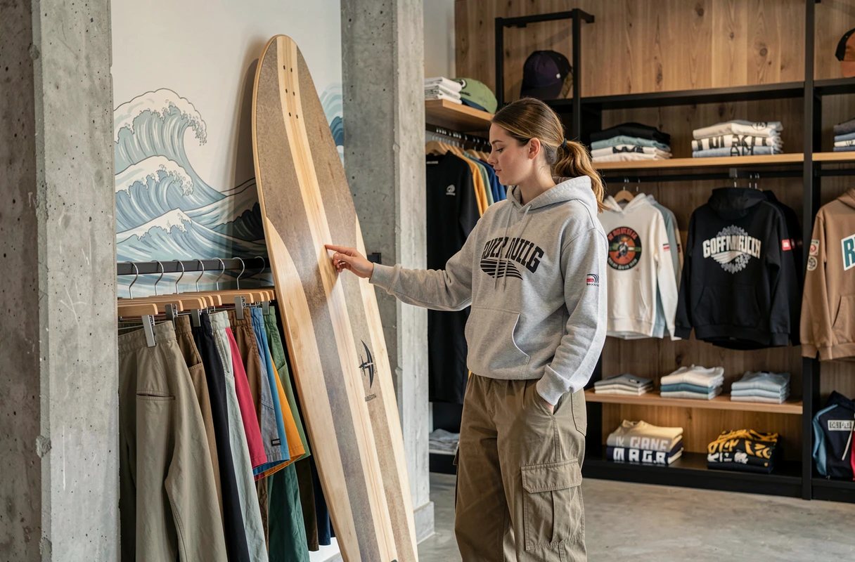 Boutique streetwear boardsport urbain à Lille avec hoodies surf, planches exposées et ambiance côtière réinterprétée en milieu urbain