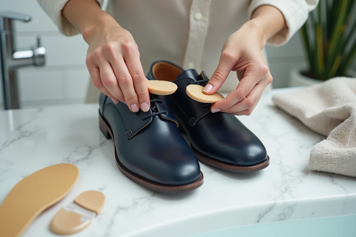 Mains féminines insérant une semelle en mousse dans une chaussure oxford marine trop grande sur un plan en marbre blanc