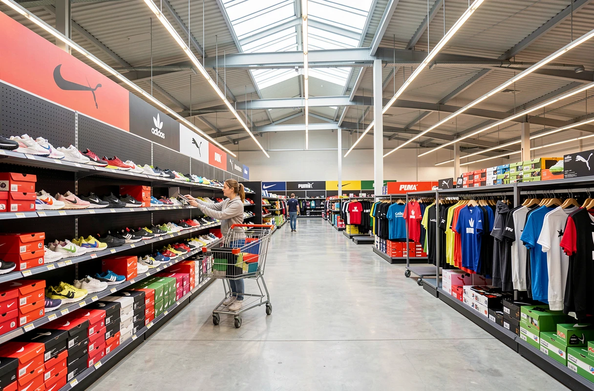 Rayon streetwear sportif en grande surface Intersport à Lille Lomme avec mur de sneakers de marques et cliente en tenue athleisure