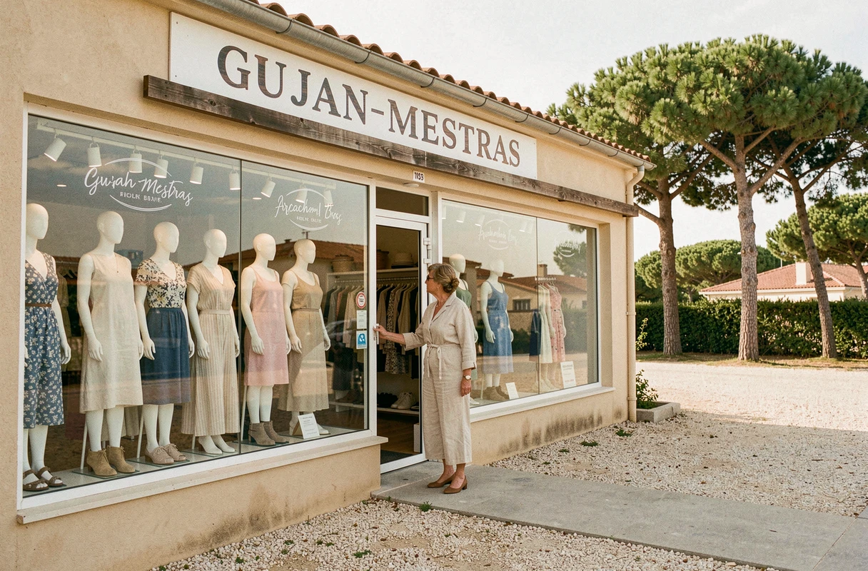 Entrée de la boutique Janine Robin à Gujan-Mestras avec sa façade élégante et ses mannequins en vitrine