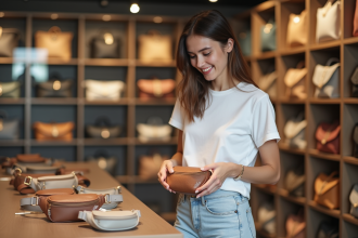 Jeune femme souriante inspectant un sac à la mode en boutique