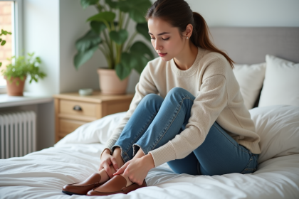 Jeune femme insérant des coussins dans des loafers en cuir