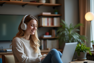 Jeune femme portant des écouteurs haut de gamme dans un bureau moderne