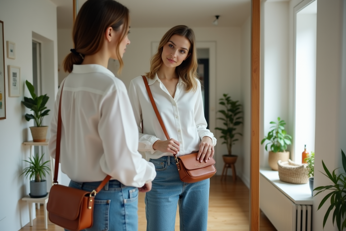 Jeune femme ajustant son sac à l'entrée d'une maison moderne
