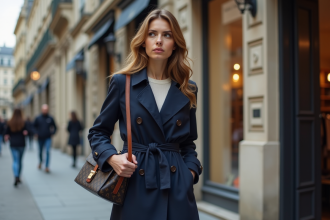 Jeune femme élégante dans la rue de Paris avec sac à la mode