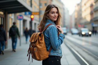 Jeune femme ajustant son sac à dos en ville