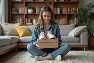 Jeune femme en streetwear déballant des sneakers tendance