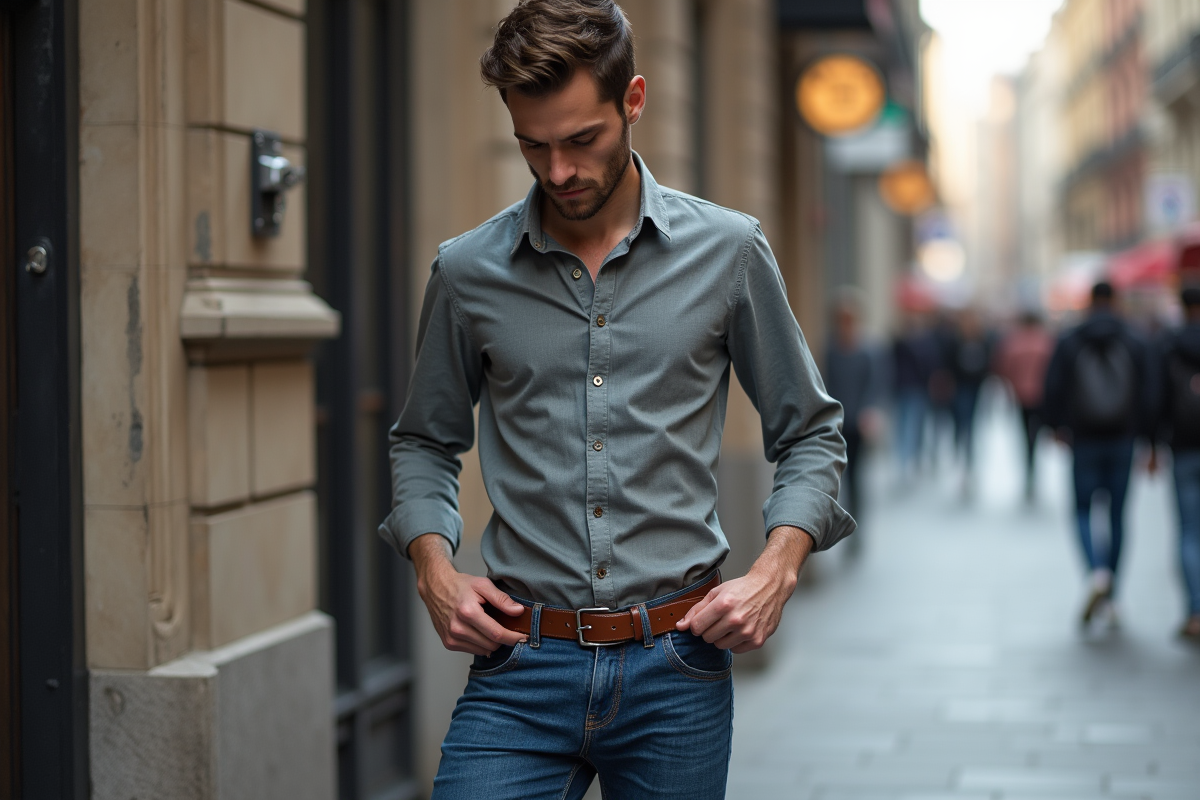 Jeune homme vérifiant la ceinture en ville avec bâtiment en pierre