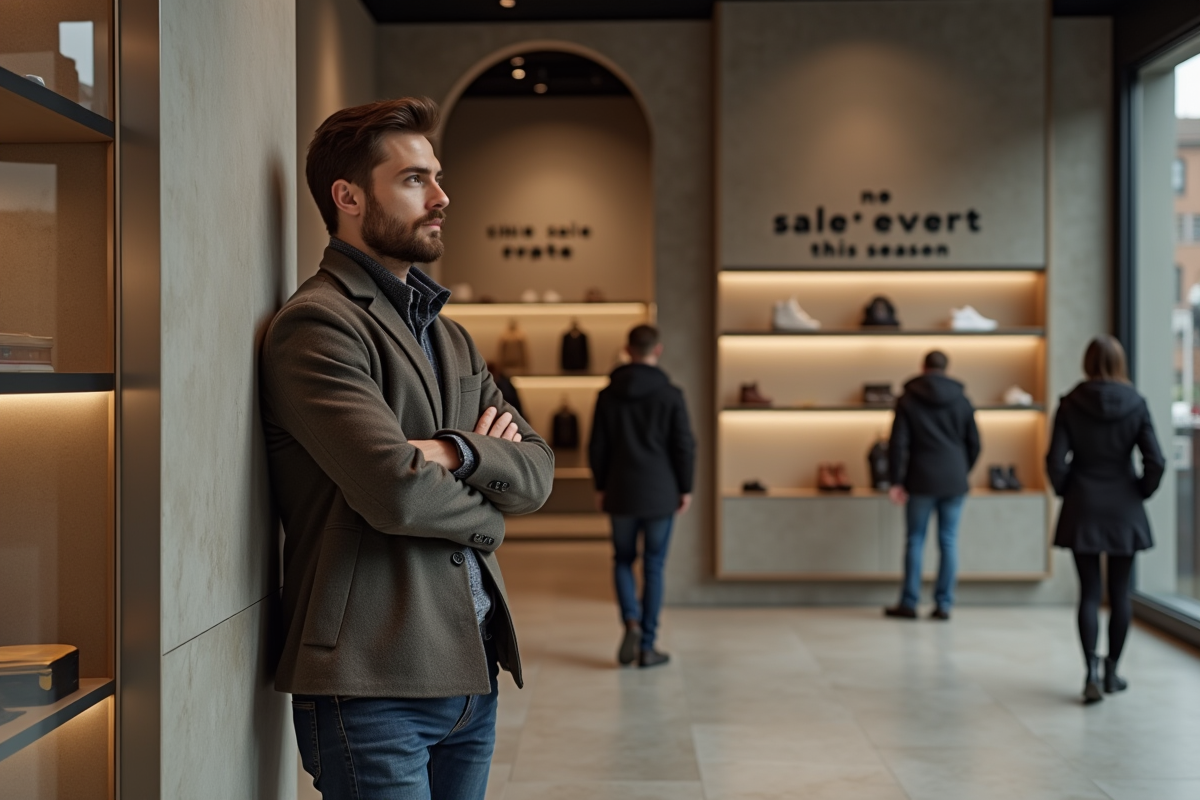 Jeune homme dans une boutique contemplant une affiche