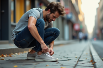 Jeune homme en jeans qui attache ses chaussures en ville