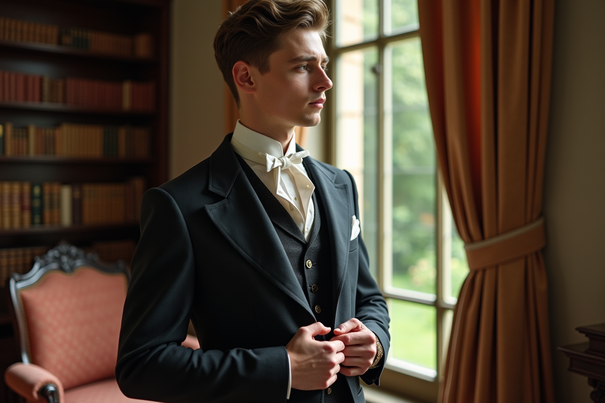 Jeune homme en costume 20e siècle ajustant sa veste près d