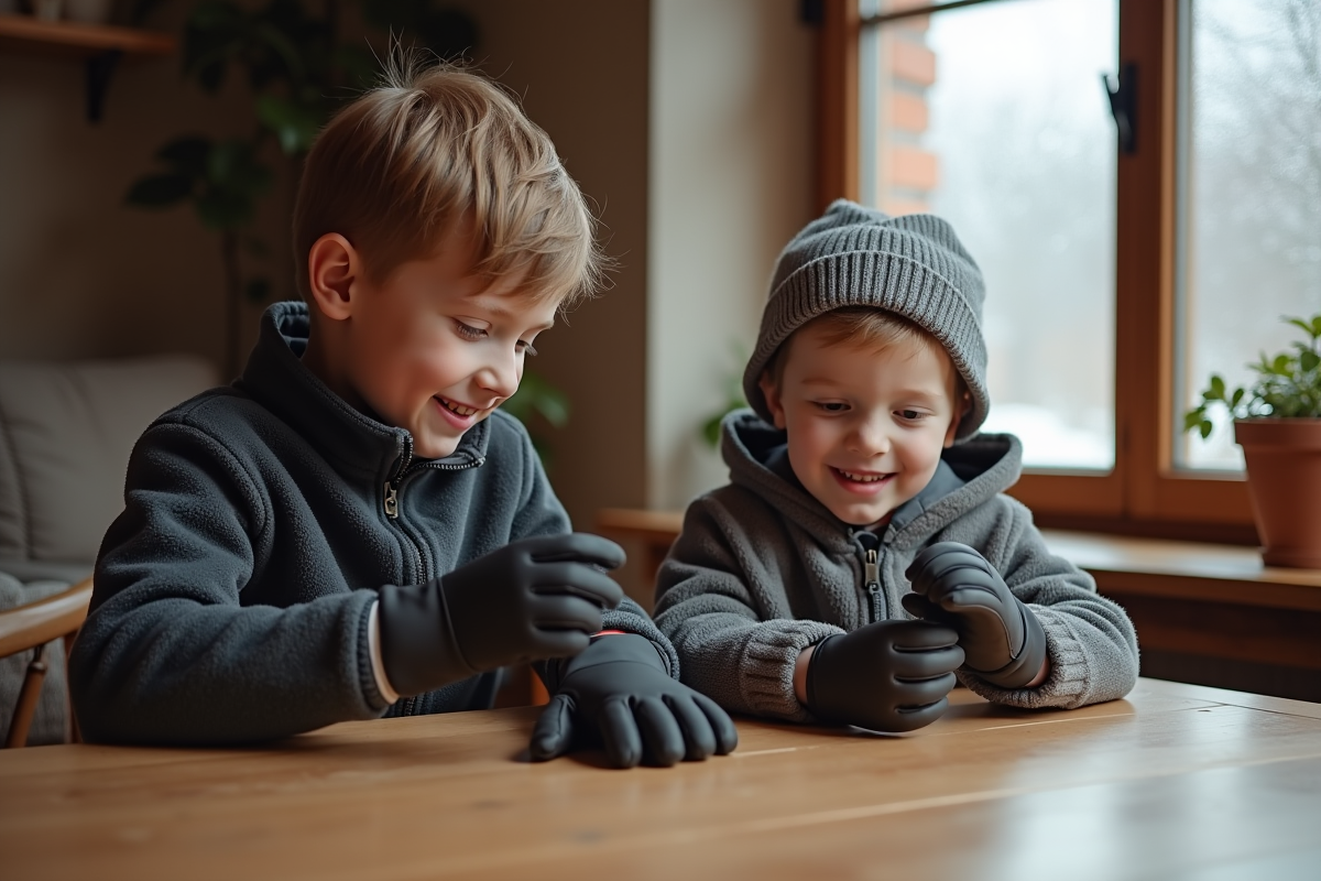 Homme et enfant essayant des gants en intérieur